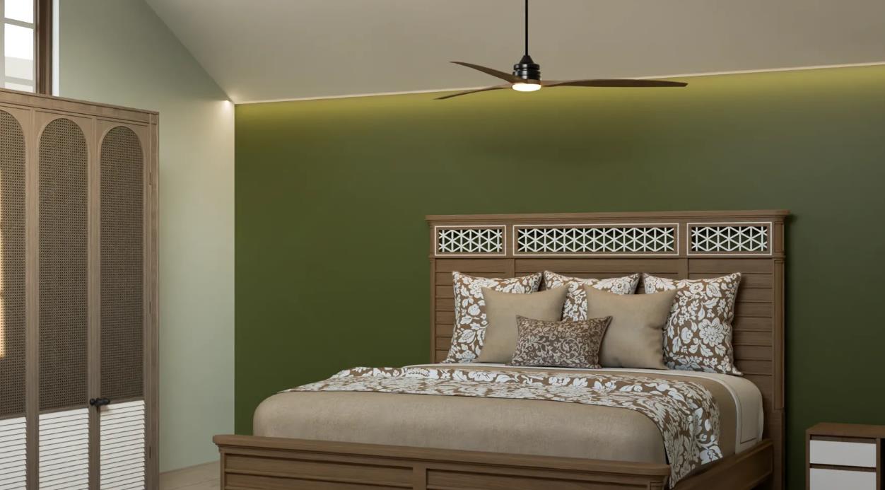 A Nordic-style master bedroom with green walls and wooden ceiling fans