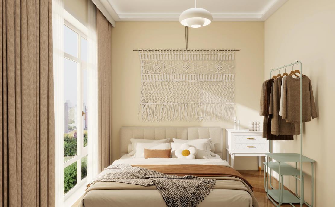 A romantic master bedroom with yellow walls, brown décor, and smart curtain controls