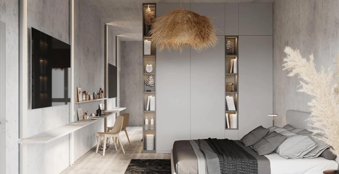 A mixed country-industrial master bedroom with gray wallpaper and woven lampshades