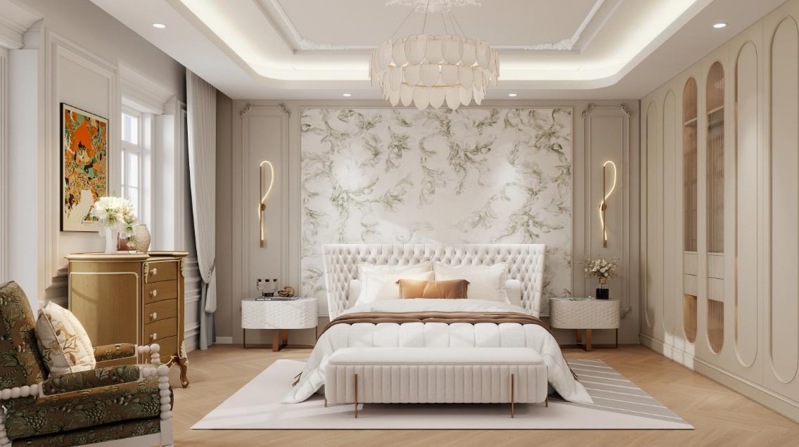 A gorgeous luxury bedroom with a multi-tier chandelier and floral-patterned décor