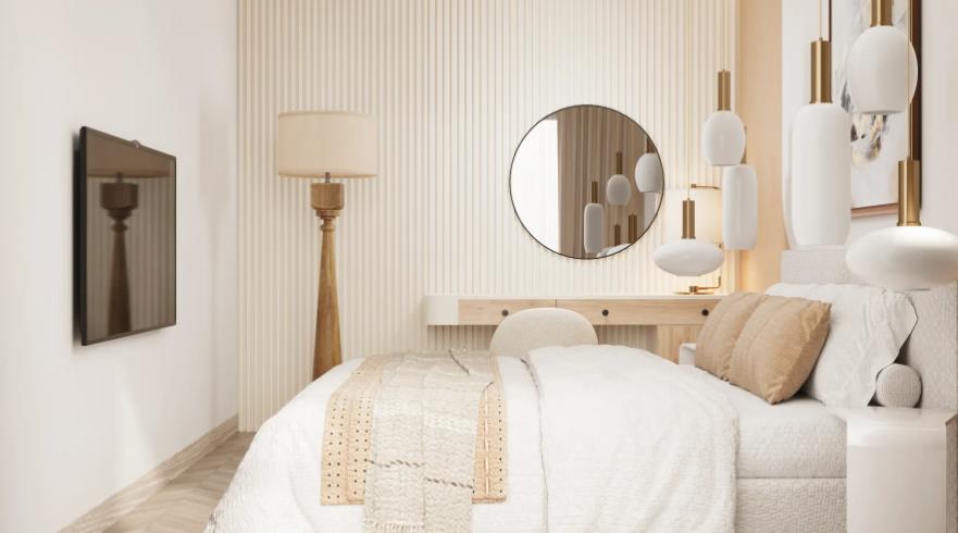 A small bohemian bedroom with white furniture and a wooden floor lamp