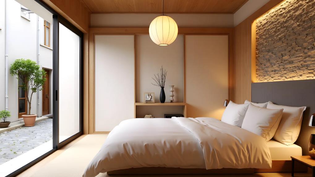A Japanese-style master bedroom with tatami-inspired bedding and a sliding screen wardrobe