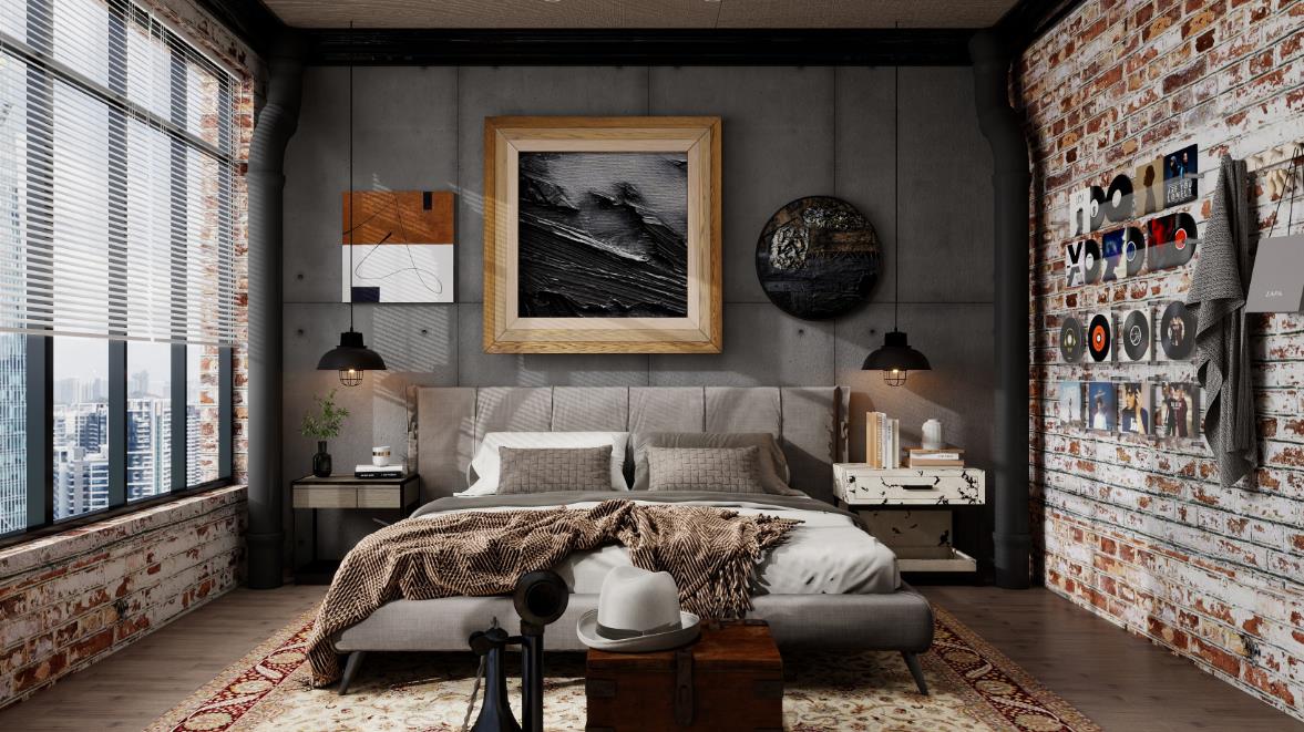 A male industrial bedroom featuring red brick wallpaper and black exposed pipes