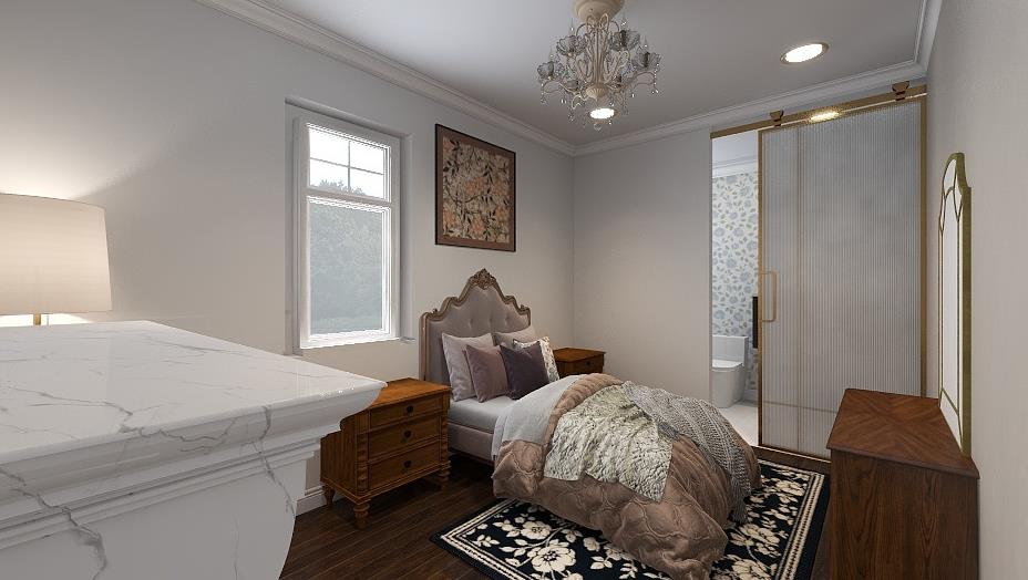 A luxurious master bedroom with a gold-trimmed headboard and a crystal chandelier