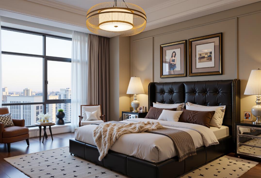A contemporary luxury master bedroom with a black leather sofa and floor-to-ceiling windows