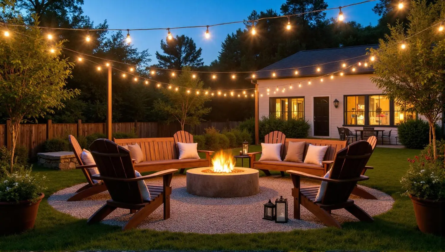 Backyard fire pit with seating under string lights