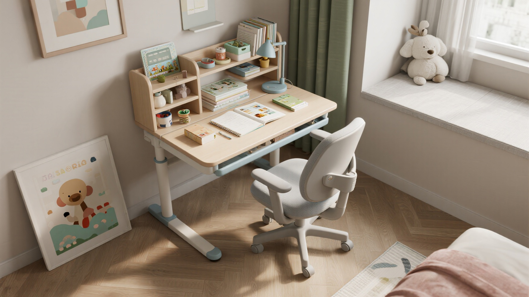 Ergonomic kids desk and chair setup