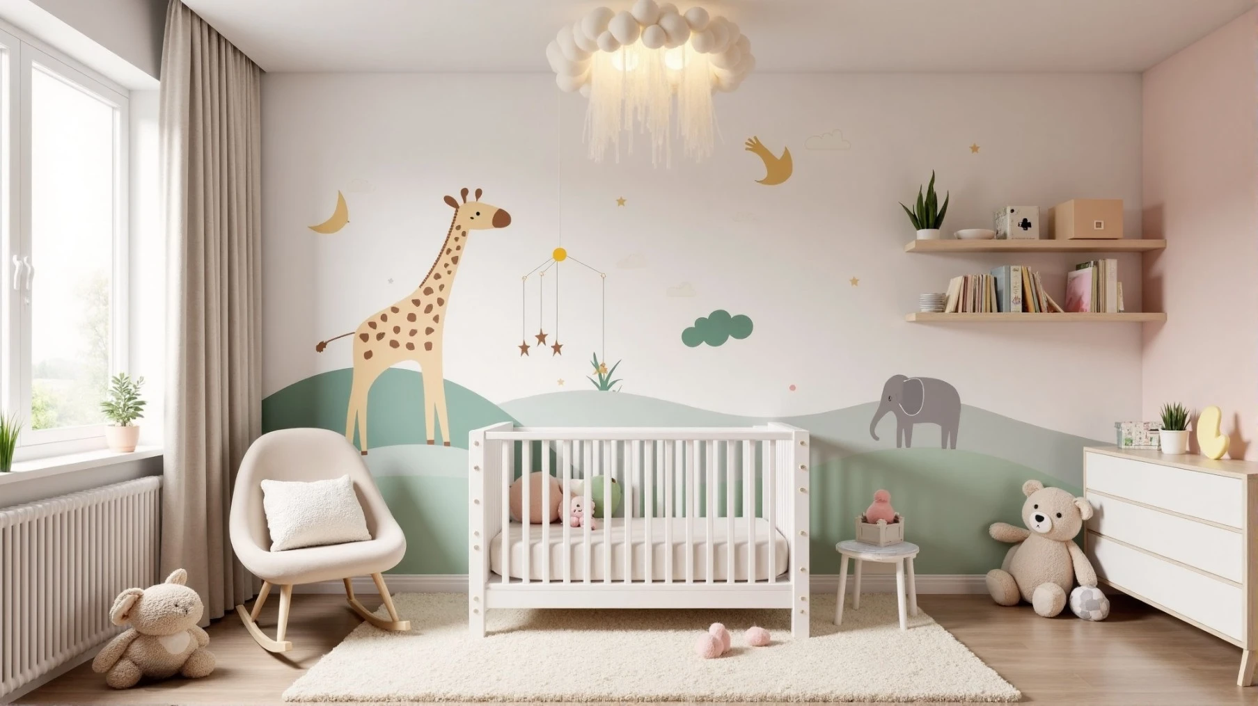Cute and safe baby girl nursery with soft colors