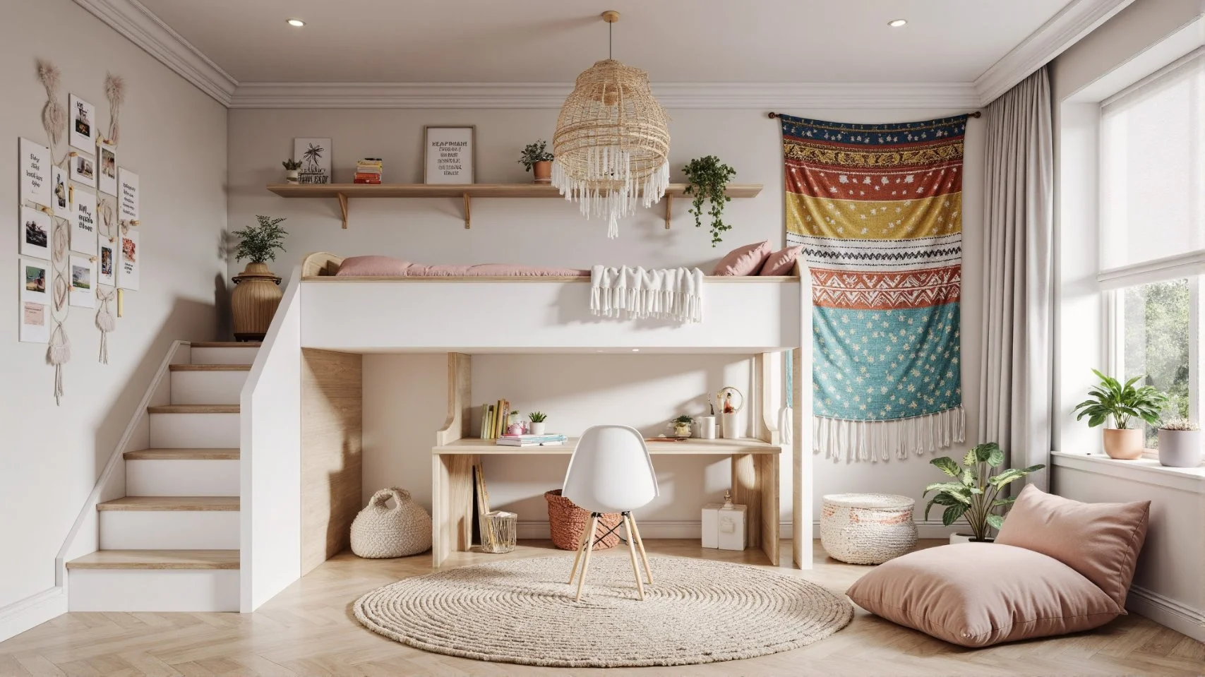 Preteen girl’s room with gallery wall and loft bed