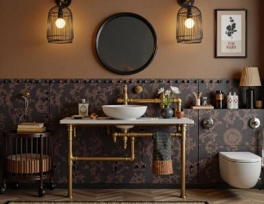 Saffron yellow and deep brown bathroom walls