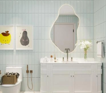 The mirror in the bathroom has irregular lines.