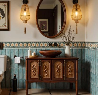Retro-patterned tiles, wooden washbasins with carved textures, and rattan pendant lights
