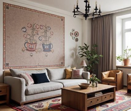 Artworks and carpets featuring retro patterns.