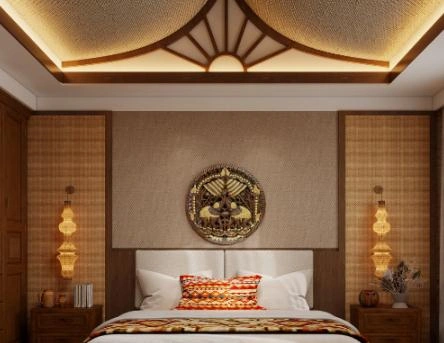 The ceiling of this bedroom is primarily designed in a Southeast Asian style