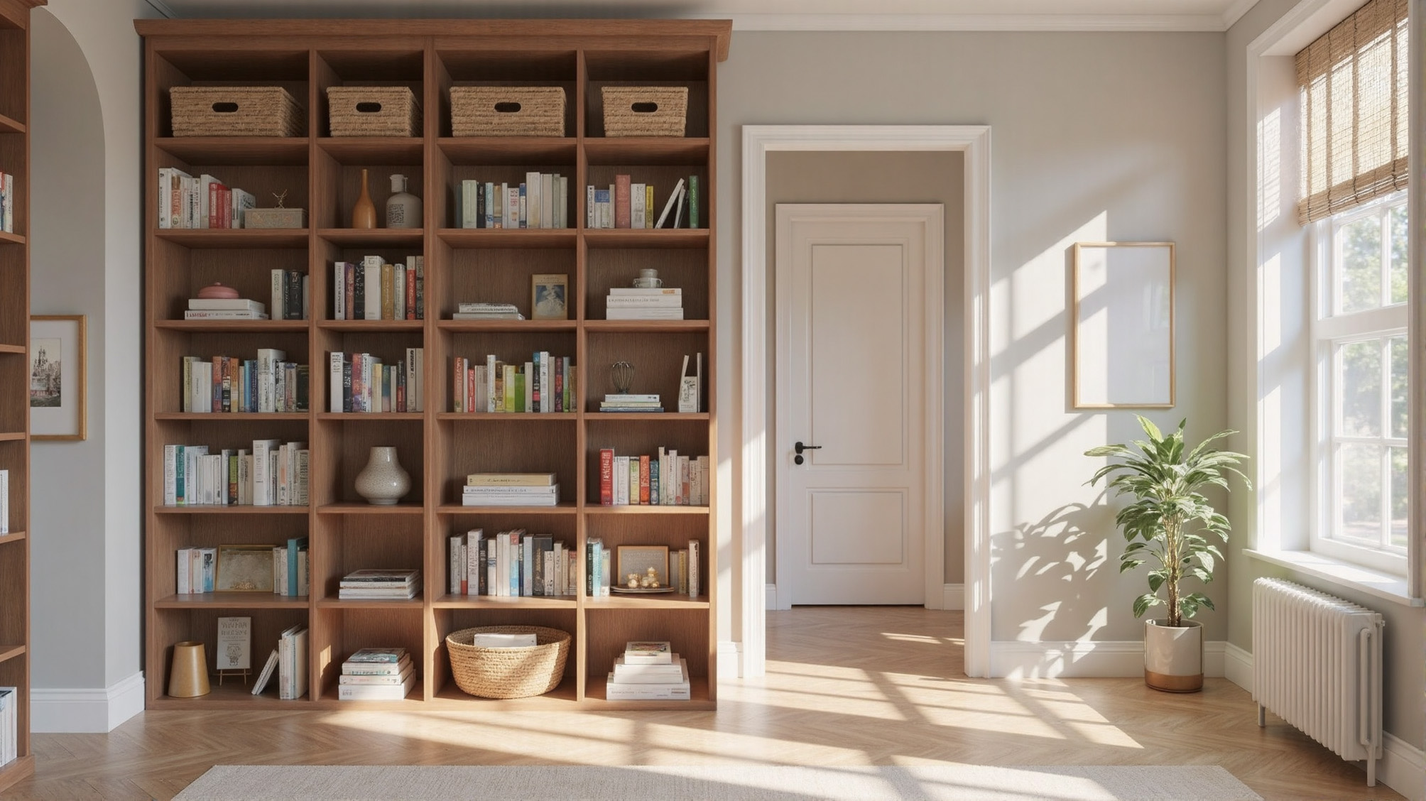 Tall bookshelf in a narrow study room