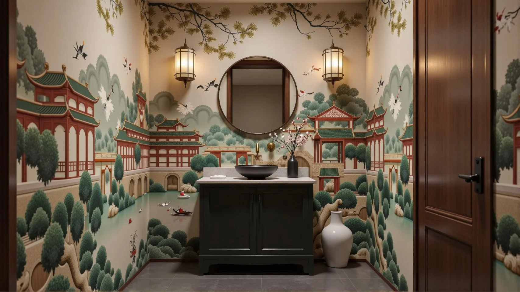 Dramatic chinoiserie wallpaper in small powder room