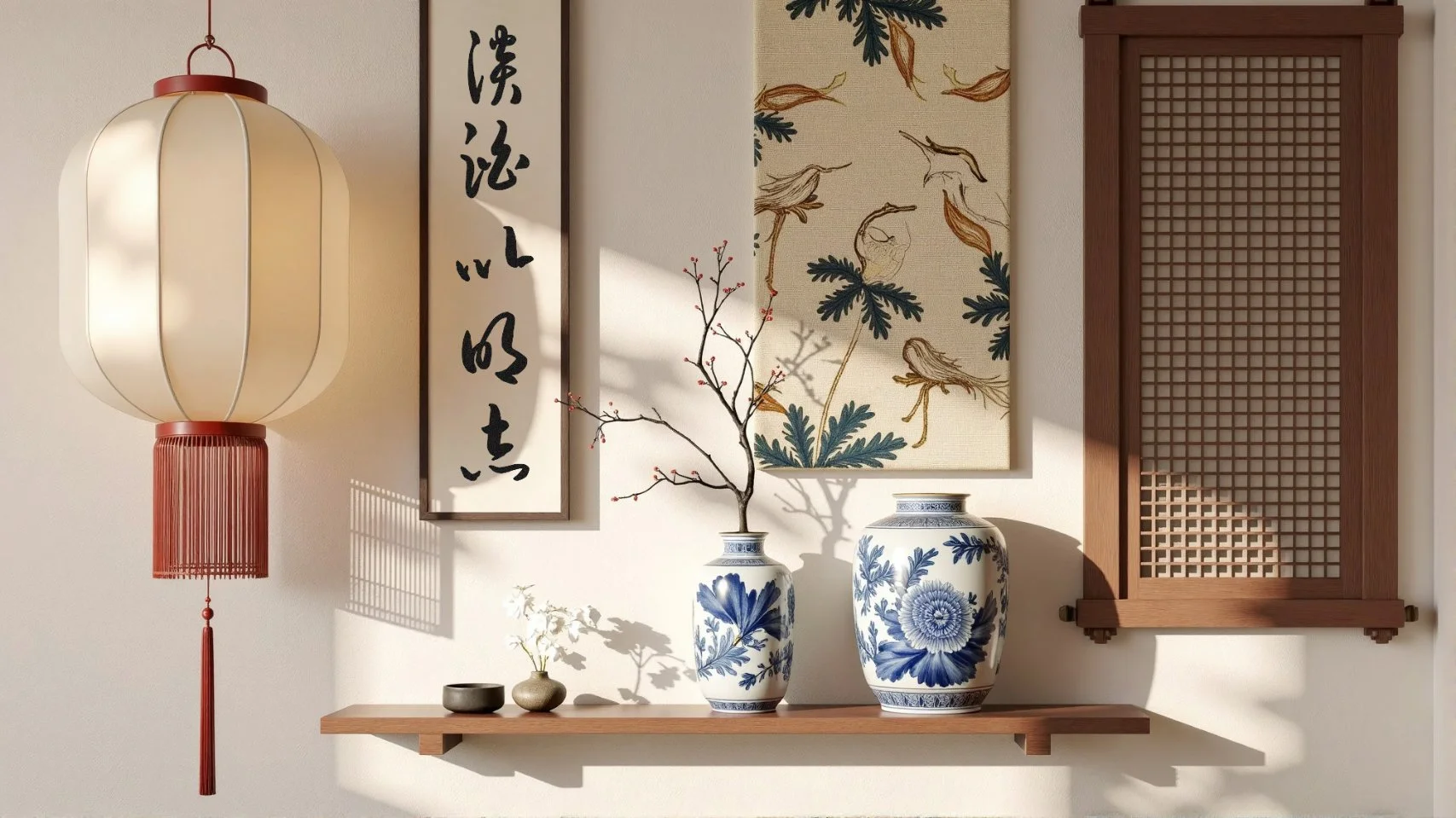 CHINOISERIE DECOR ELEMENTS:LAMPS,FABRICS,AND PLANTER