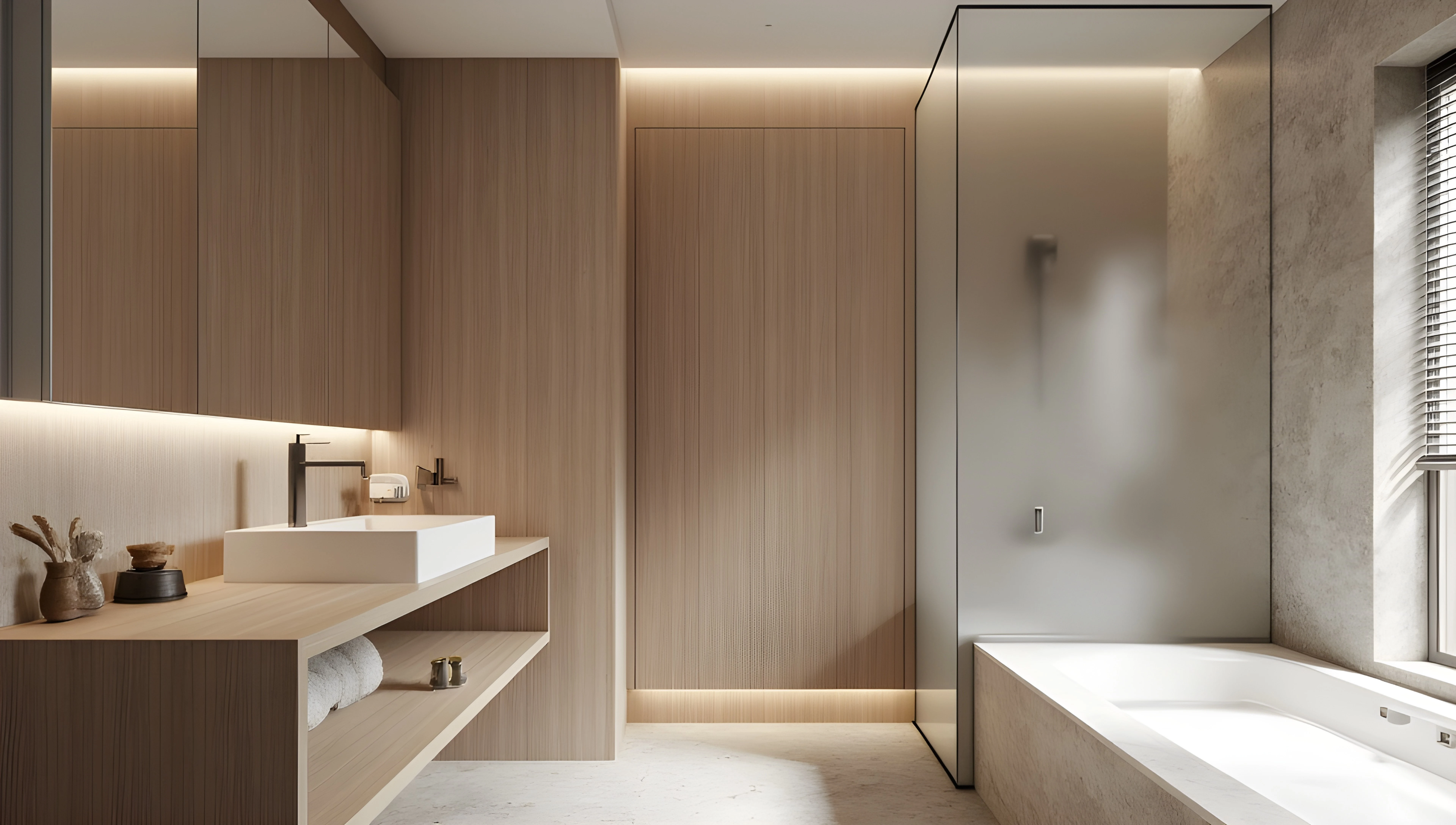 Wood-Toned Elegant Bath with Natural Texture Bathroom 1