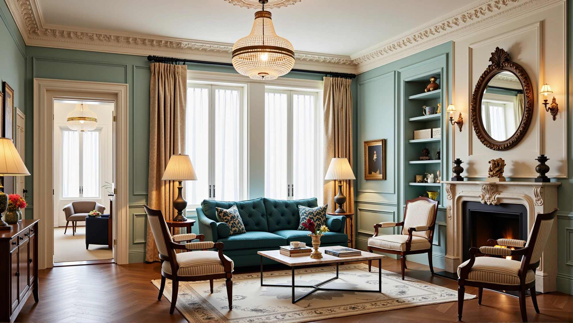 Gilded Romance in Pale Teal Walls Living room 3
