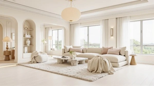 Cozy Living Room in Soft Mist Warm Tones living-room