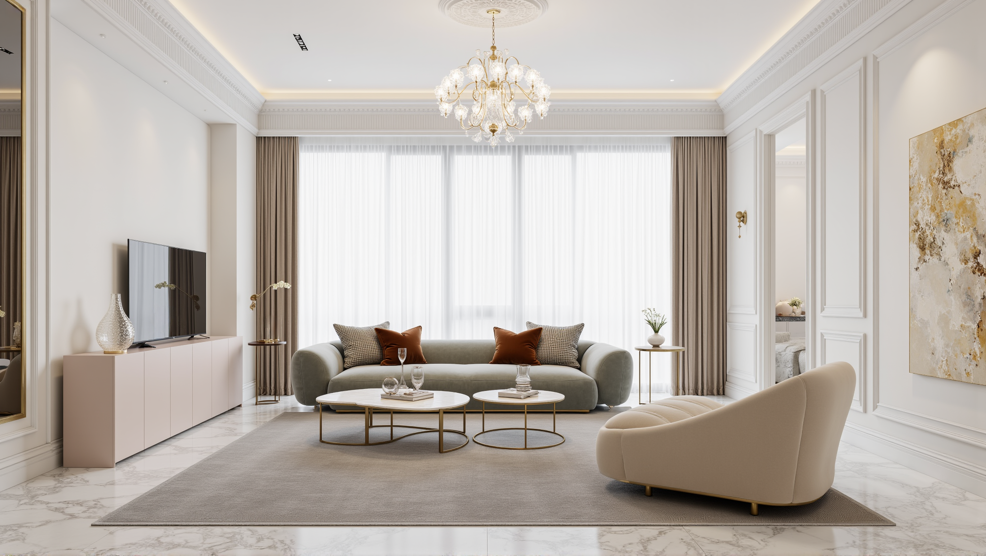 Soft White and Gilded Elegant Abode Living room 1