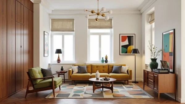 Retro Modern Living Room in Warm Wood Tones interior design idea