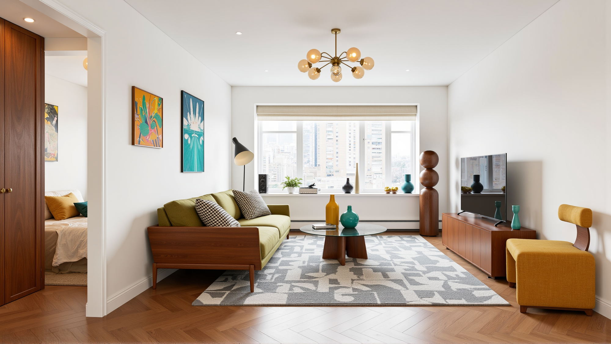 Warm Wood & Bright Tones Vibrant Urban Living room 3