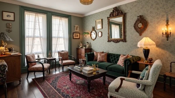 Victorian Retro Living Room in Dark Green Texture interior design idea