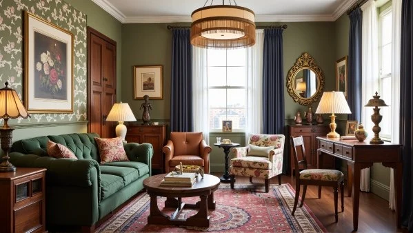 Retro British Living Room in Dark Green Texture living-room