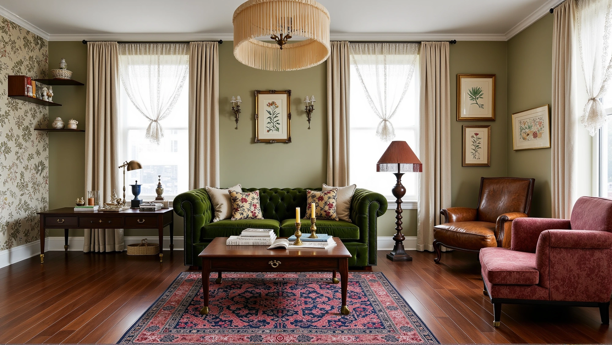 Retro British Living Room in Dark Green Texture Living room 3