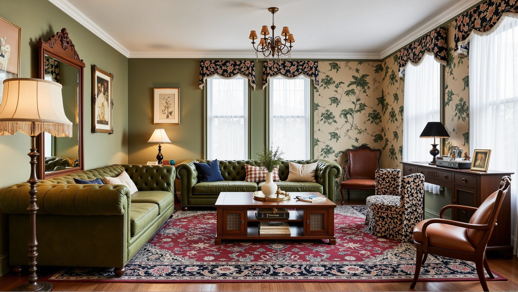 Retro British Living Room in Dark Green Texture Living room 5