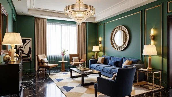 Luxury Retro Living Room in Dark Green and Gilt