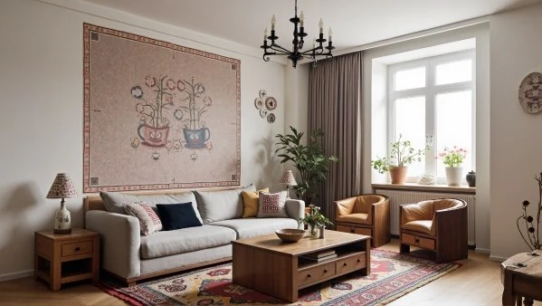 Retro Patterns and Warm Wood Living Room