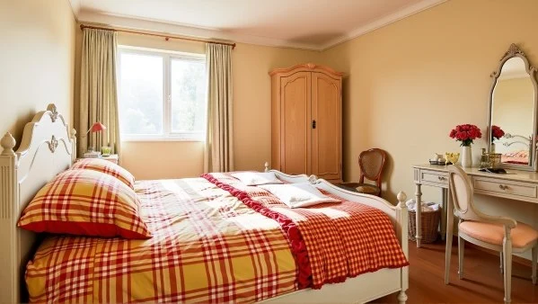 French Soft Bedroom in Warm Plaid Tones