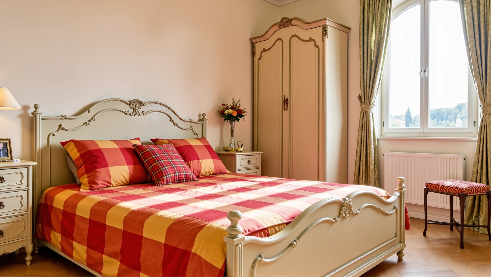 French Soft Bedroom in Warm Plaid Tones Bedroom 4