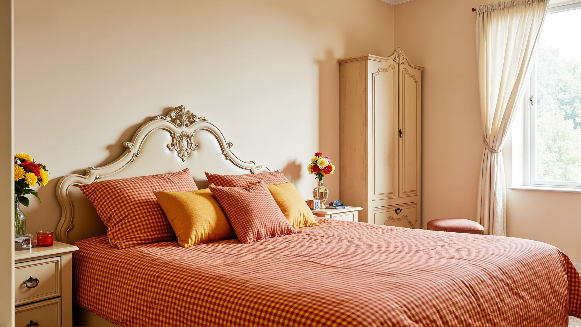 French Soft Bedroom in Warm Plaid Tones Bedroom 2