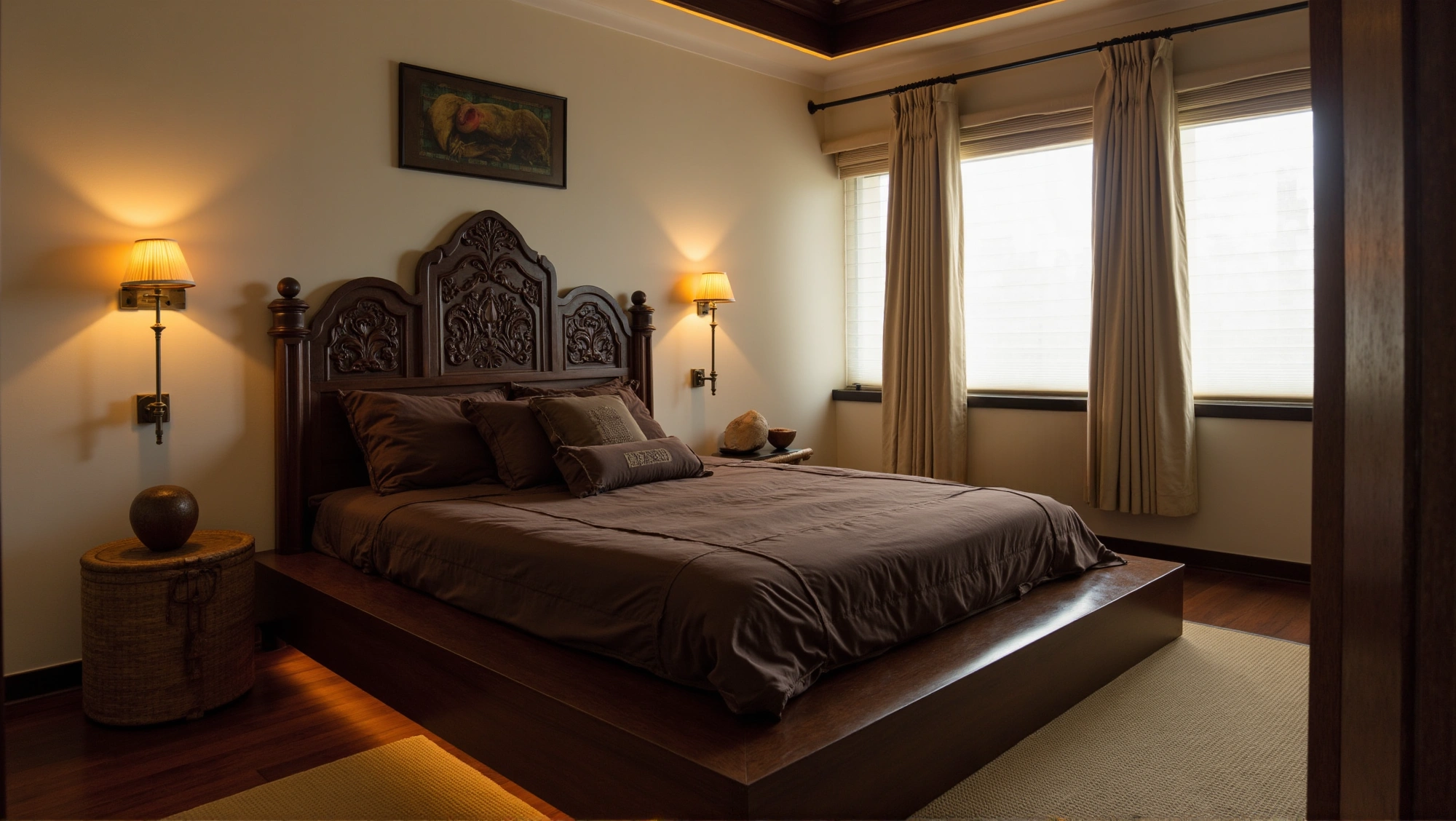 Dark Wood Carvings Thai Tranquility in Warm Tones Bedroom 1