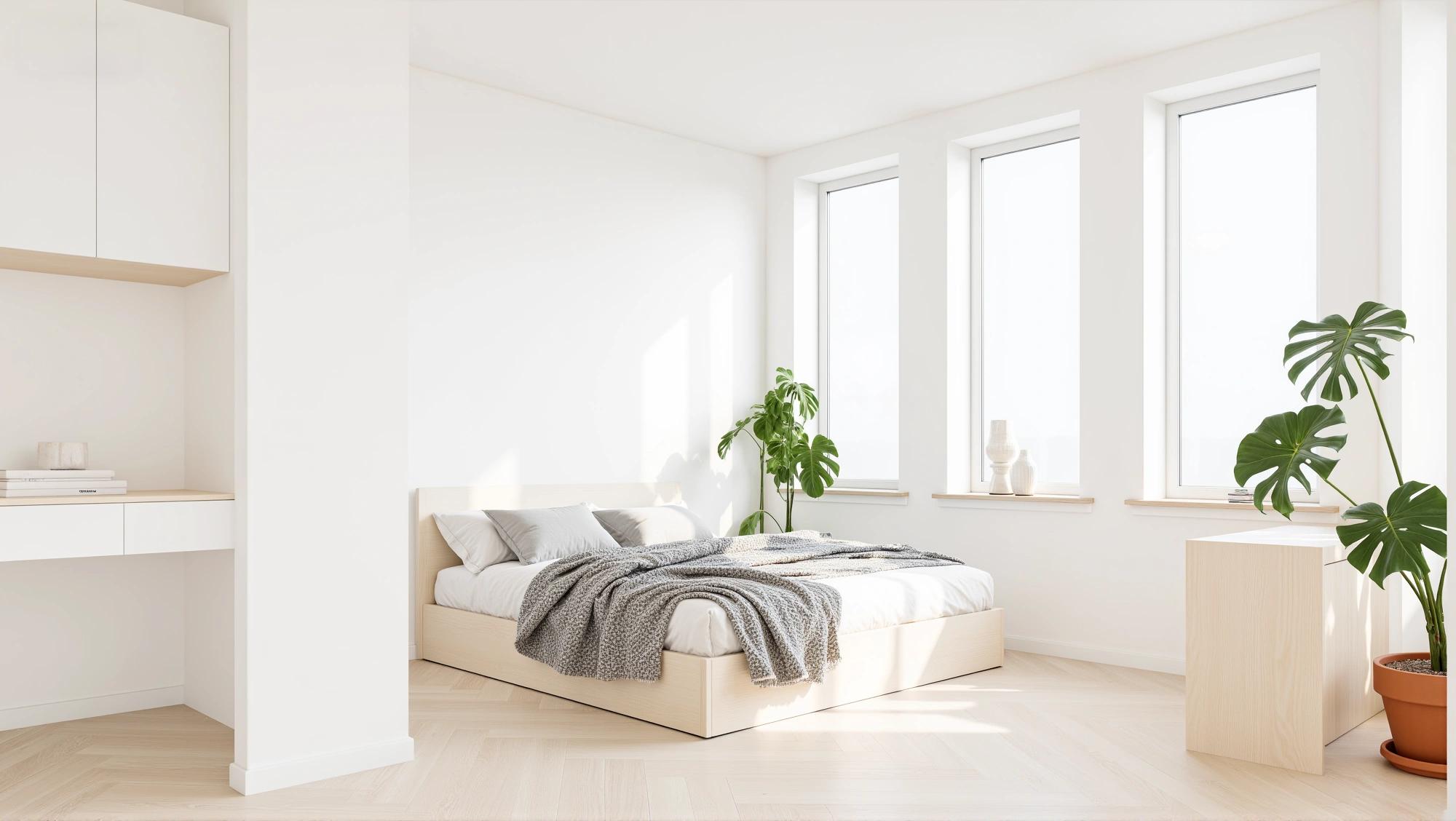 Sunlit Abode in Soft White & Light Wood Bedroom 1