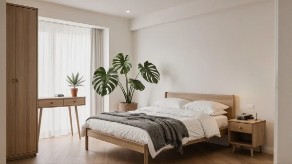 Warm Bedroom Wrapped in Light Wood & Soft Gauze