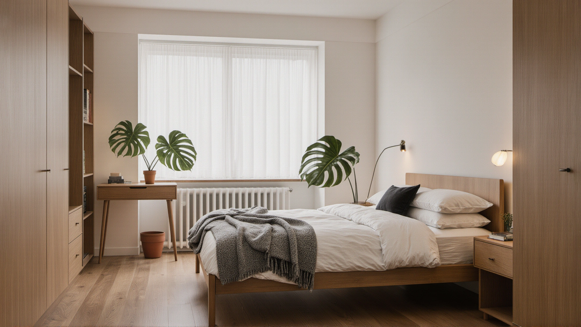Warm Bedroom Wrapped in Light Wood & Soft Gauze Bedroom 2