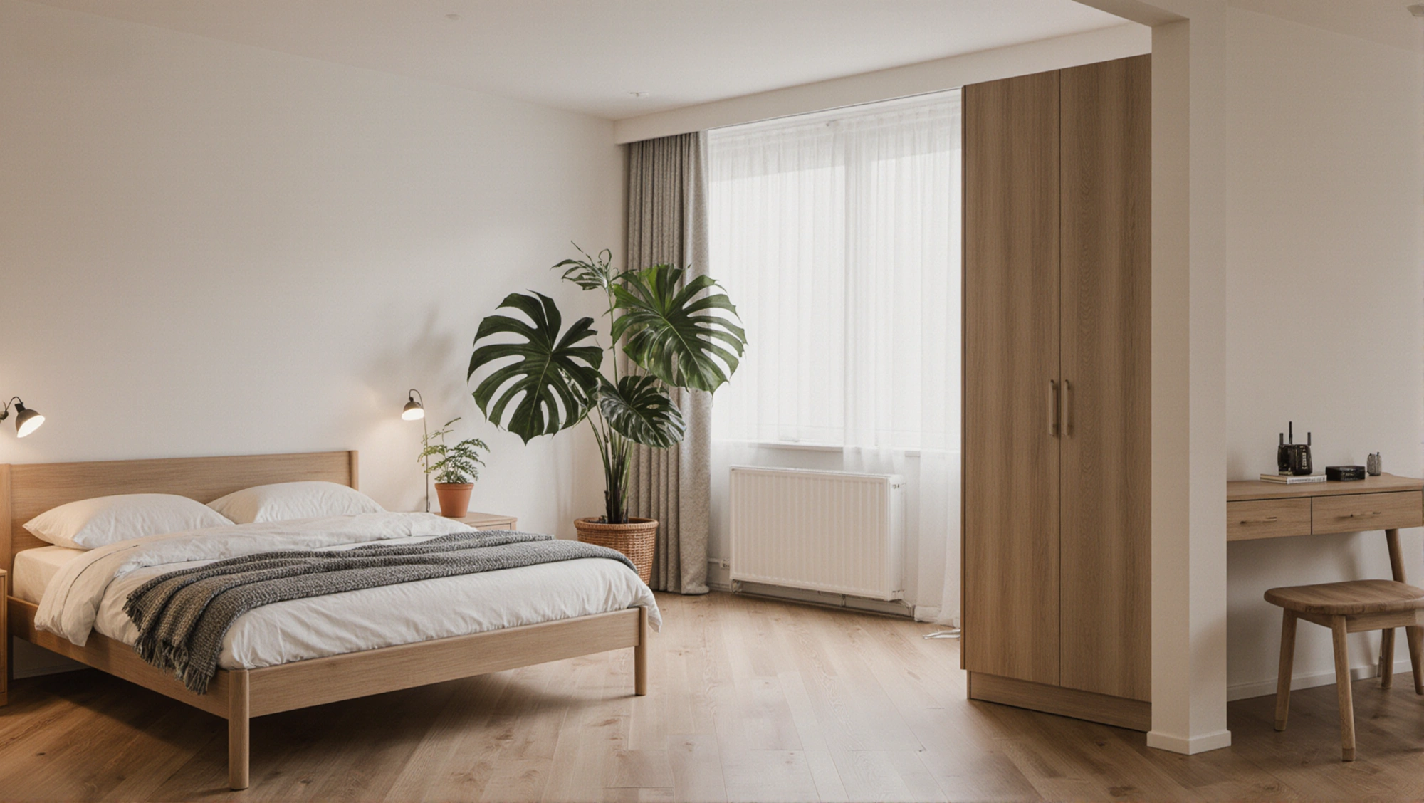 Warm Bedroom Wrapped in Light Wood & Soft Gauze Bedroom 4