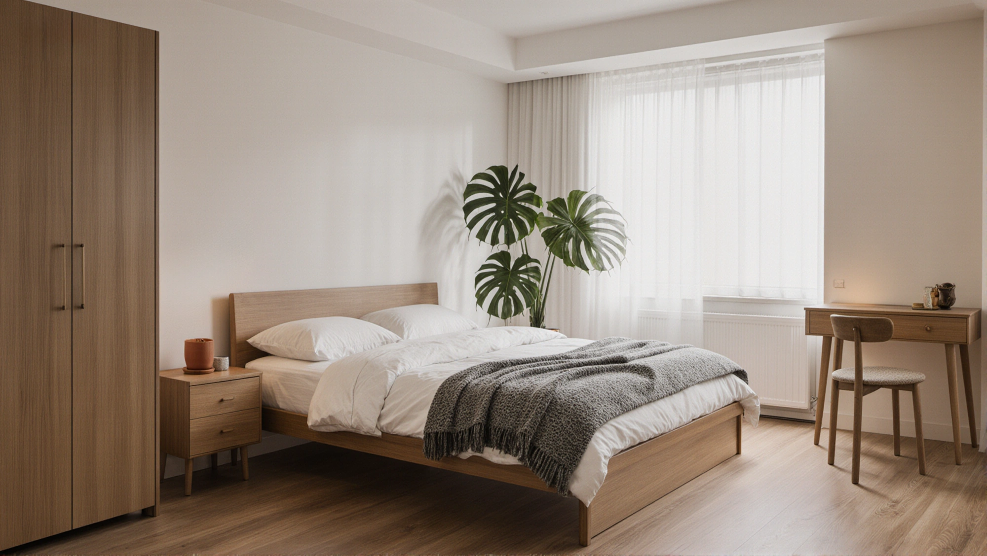 Warm Bedroom Wrapped in Light Wood & Soft Gauze Bedroom 3