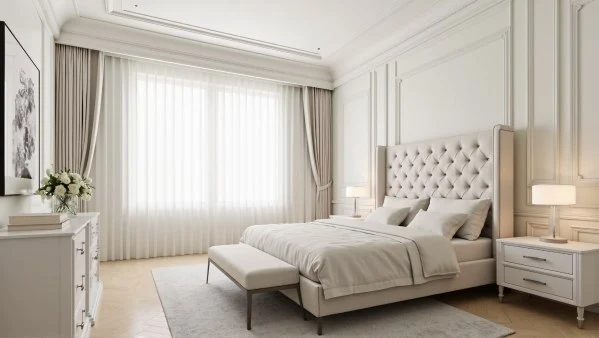 Light Luxury Bedroom in Soft White Carved Frames