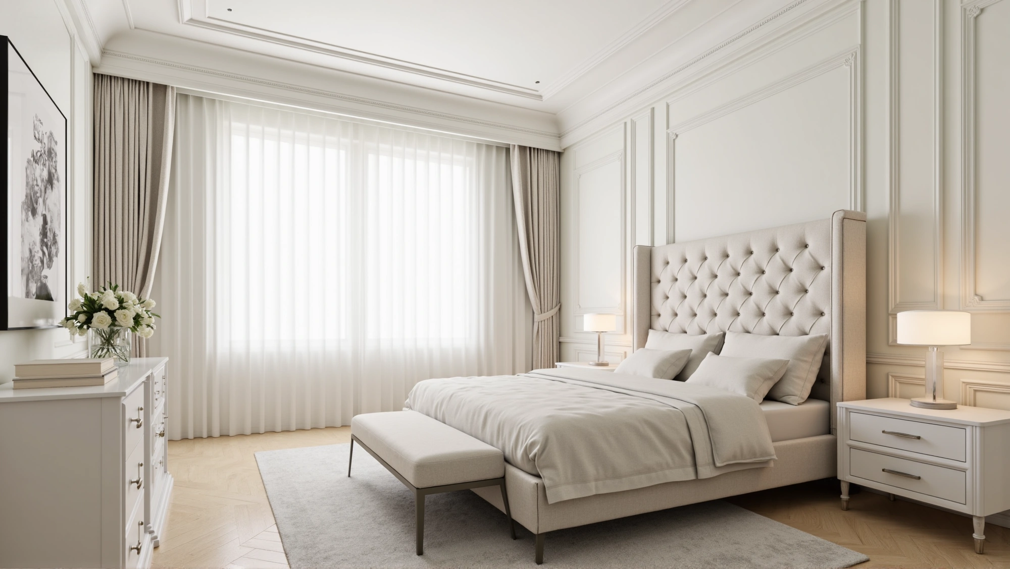 Light Luxury Bedroom in Soft White Carved Frames Bedroom 3