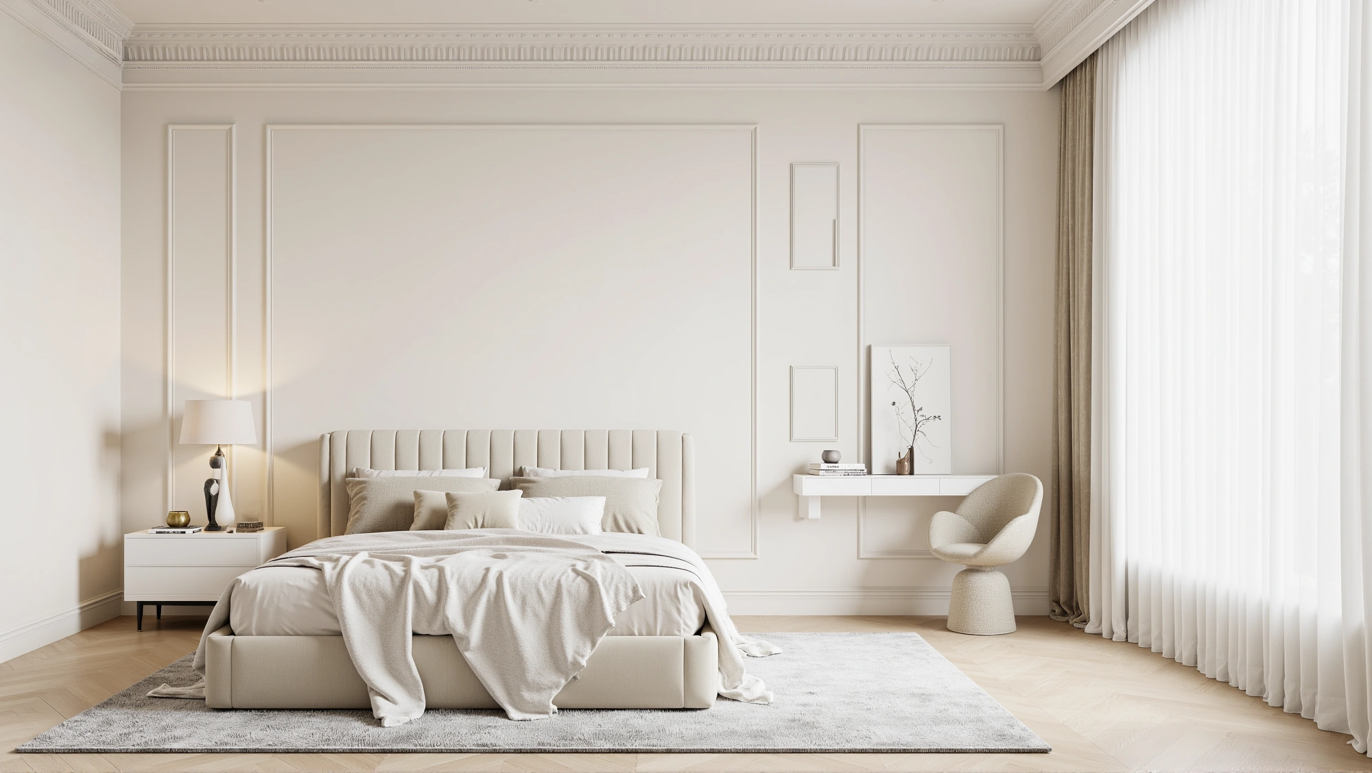 Elegant Luxury Bedroom in Soft White Carved Lines Bedroom 4