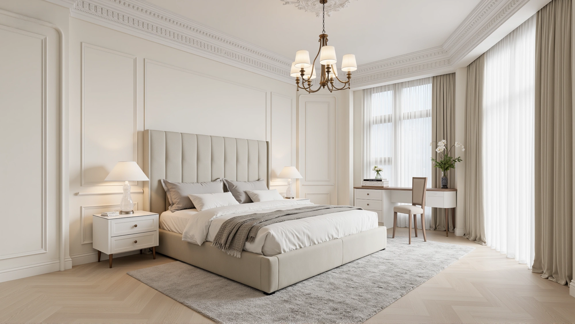 Elegant Luxury Bedroom in Soft White Carved Lines Bedroom 2