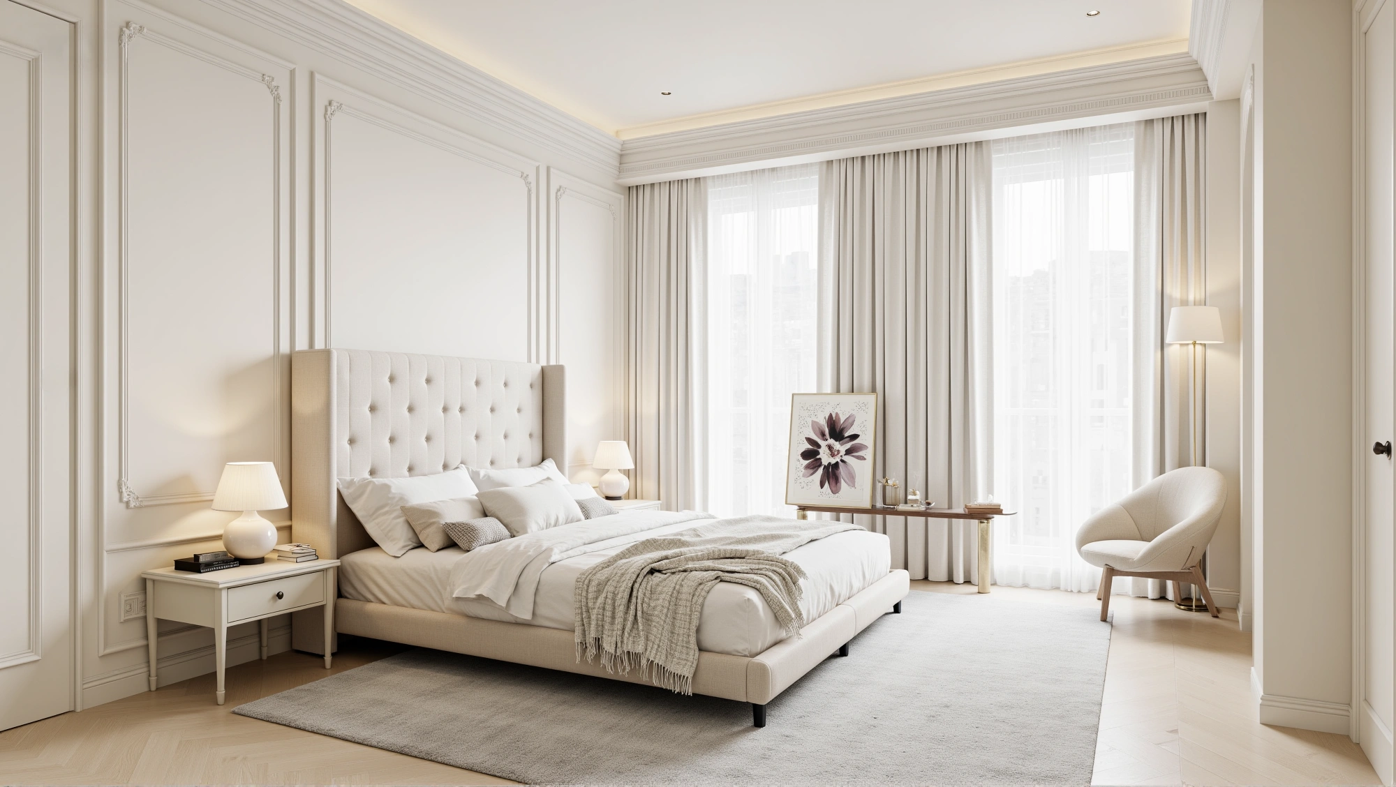 Elegant Luxury Bedroom in Soft White Carved Lines Bedroom 3