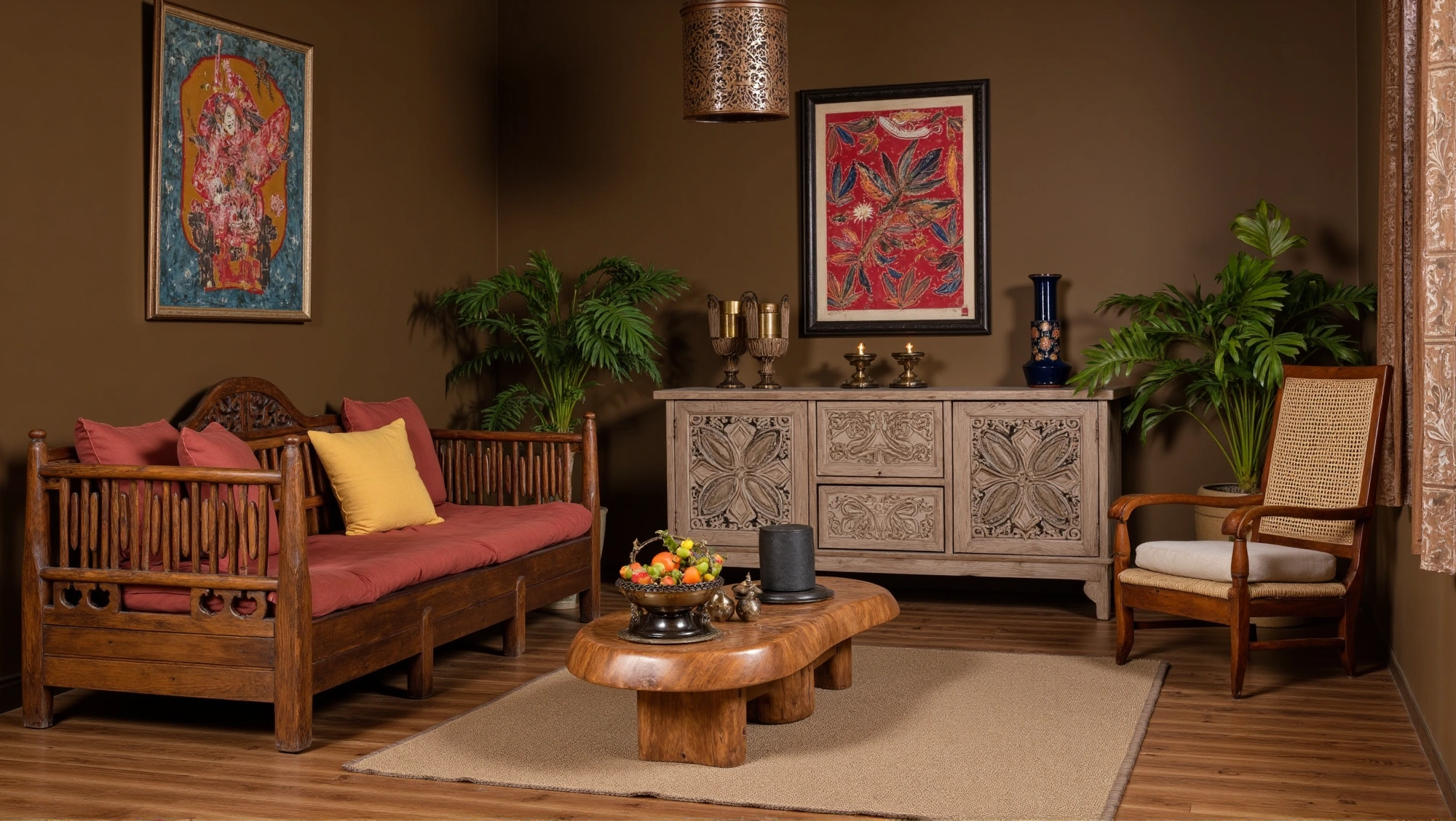Elegant Dwelling with South Asian Retro Style Living room 2