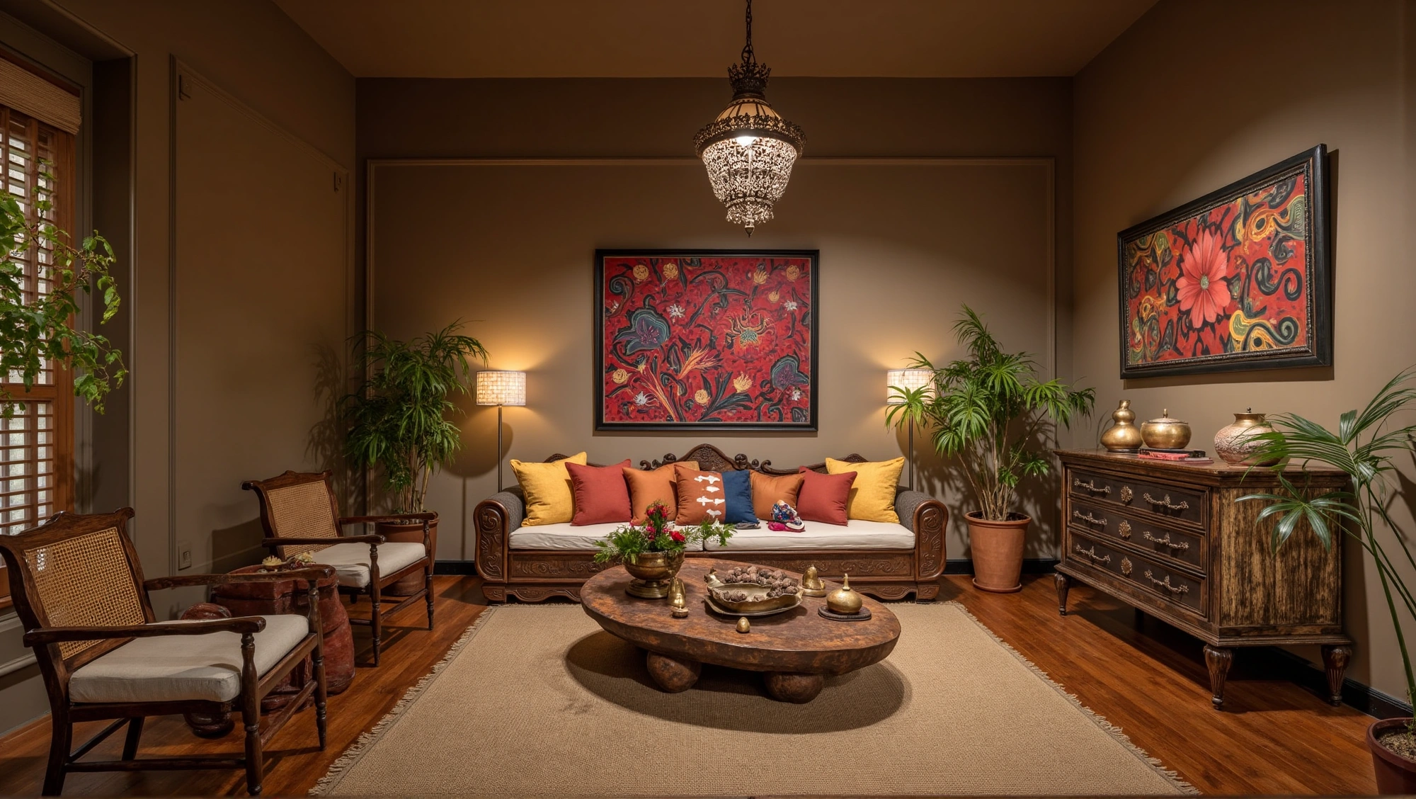 Elegant Dwelling with South Asian Retro Style Living room 1
