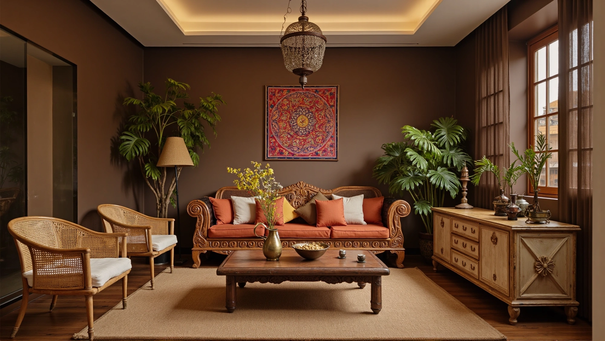 Elegant Dwelling with South Asian Retro Style Living room 3
